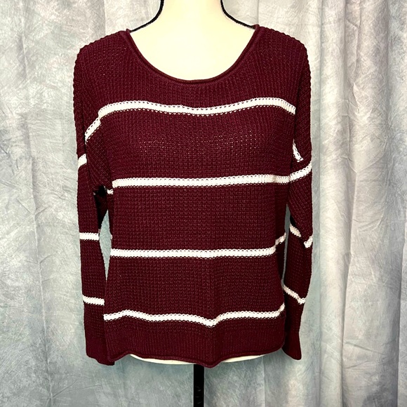 Hollister Sweaters - Hollister Burgundy & White Striped Long Sleeve Sweater - size Small